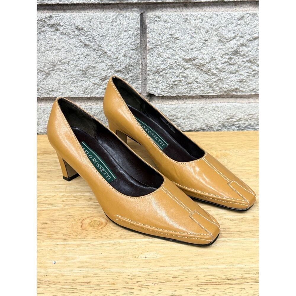 Women's Tan Leather Mid Heel Pumps